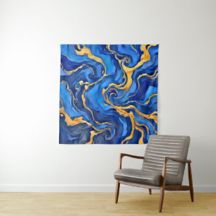 Tapete De Parede Danse Royale Azul Real Rico Dourado Fluido Abstrat