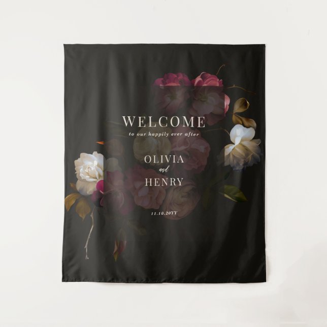 Tapete De Parede Dark Burgundy Floral Moody Romantic Welcome Sign (Frente)