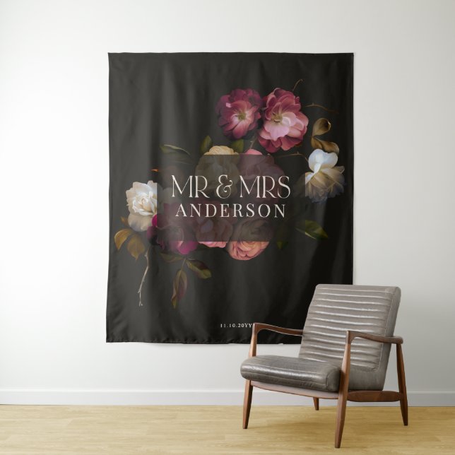 Tapete De Parede Dark Burgundy Floral Moody Romantic Welcome Sign (In Situ)