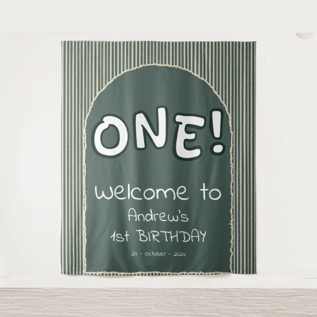 Tapete De Parede Dark Green Stripes 1st Birthday Backdrop (Frente)
