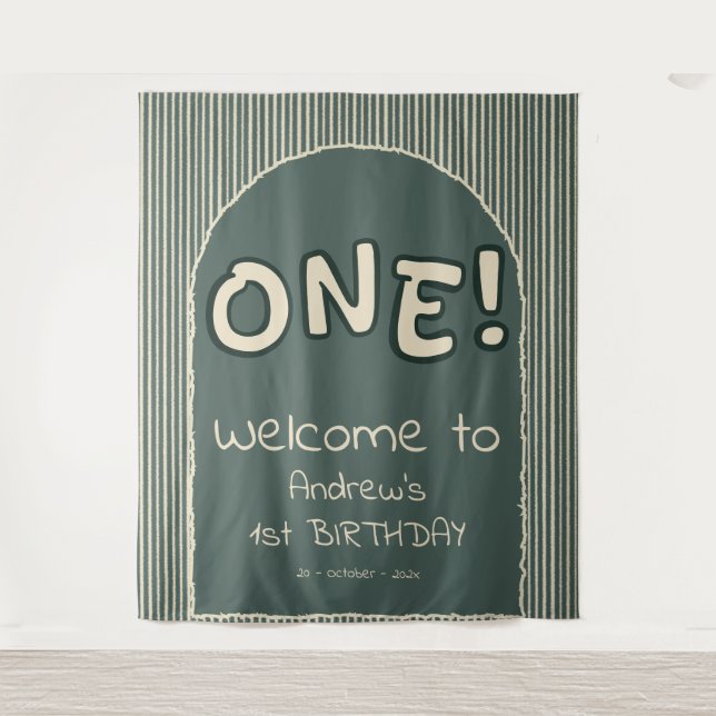 Tapete De Parede Dark Green Stripes 1st Birthday Backdrop (Frente)