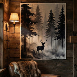 Tapete De Parede Dark Ink Deer Forest Tapestry | Moody Woodland Art