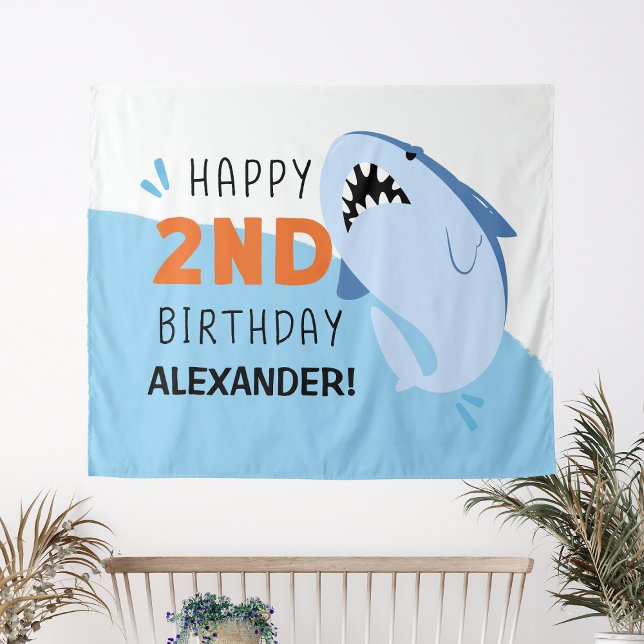 Tapete De Parede Decoração personalizada de aniversário de 2 anos p (Kids 2nd Shark Birthday Party Custom Backdrop Boy
)