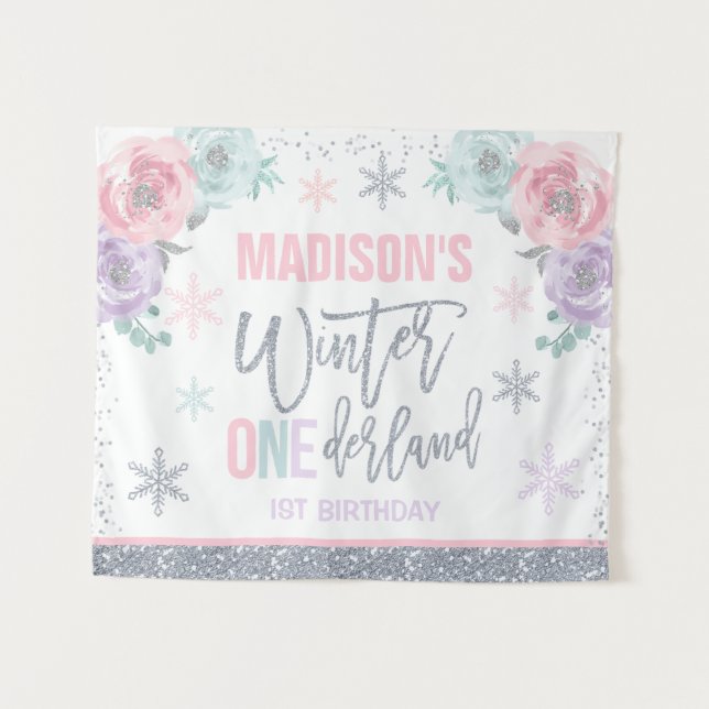 Tapete De Parede Decorações de Aniversário de 1 Ano Rosa ONEderland (Frente (Horizontal))