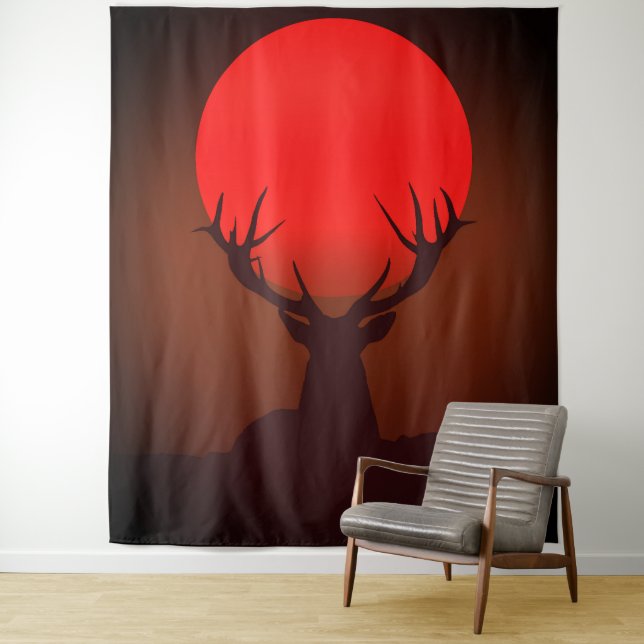 Tapete De Parede Deer Silhouette with Fiery Red Sunset (In Situ)
