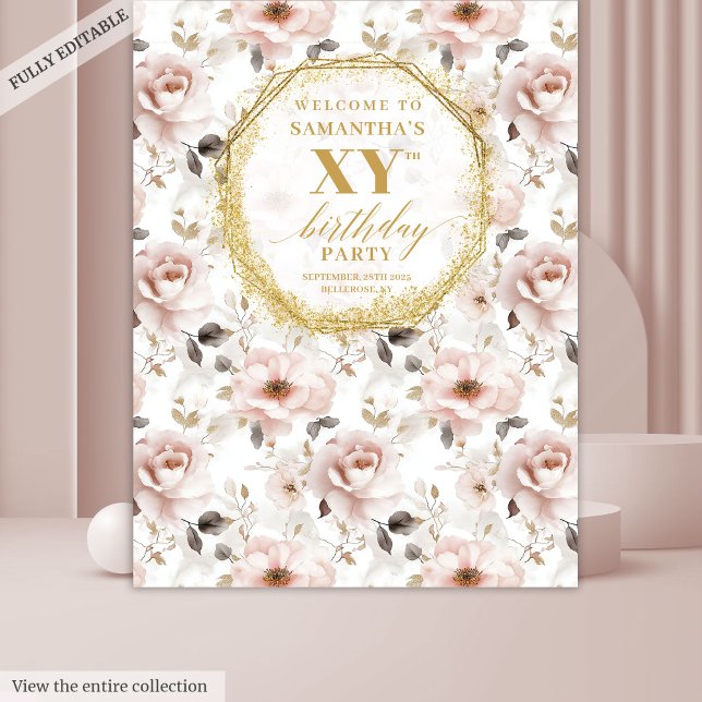 Tapete De Parede Delicioso Estande Fotográfico de Aniversário com F (Delightful Dusty Pink Floral Birthday Photo Booth Tapestry)