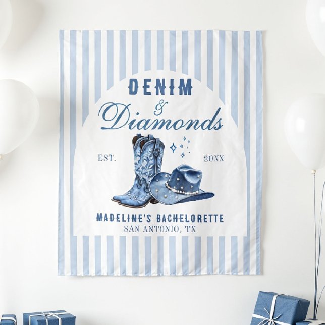 Tapete De Parede Denim Diamantes Bachelorette Backdrop Boots (denim diamonds bachelorette backdrop photo booth hand drawn cowgirl hat boots blue white stripes)