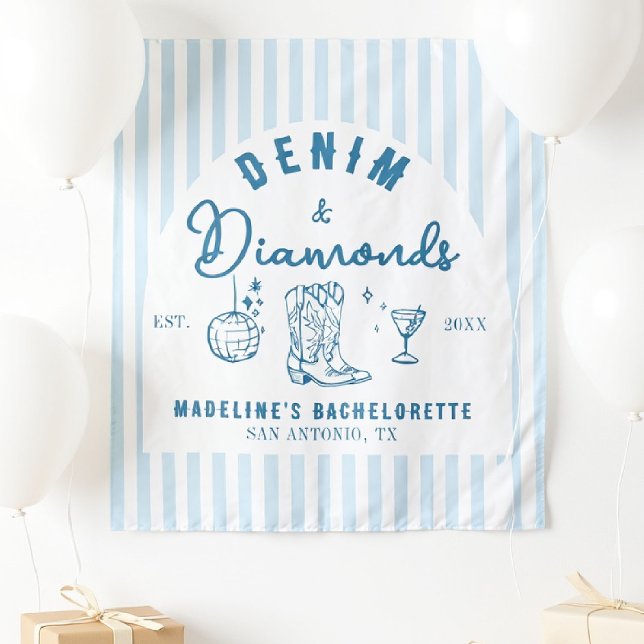 Tapete De Parede Desenho da Mão de Fundo de Ouros Denim Bachelorett (denim diamonds bachelorette backdrop photo booth hand drawn cowgirl blue white arch)