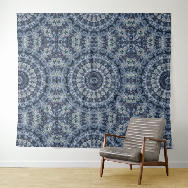Tapete De Parede Desenho de Mandala Azul e Prateado (In Situ (Horizontal))