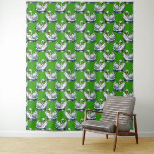 Tapete De Parede Desenho de padrão de aves cisnes em verde 