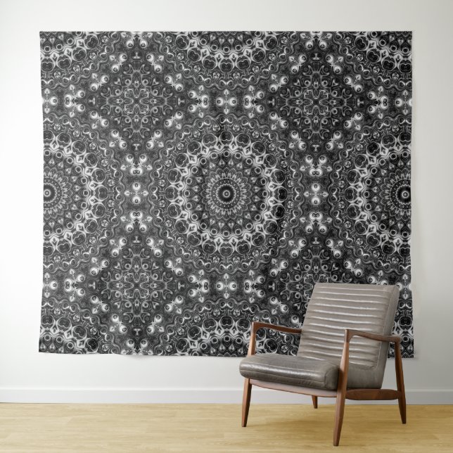 Tapete De Parede Desenho Geométrico Mandala Preto e Branco (In Situ (Horizontal))