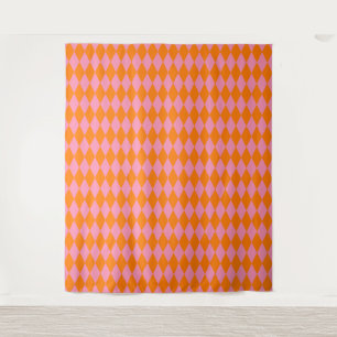 Tapete De Parede Desenho Xadrez Arlequim Laranja e Rosa