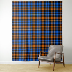 Tapete De Parede Desenho Xadrez Tartan Laranja Azul Preto 