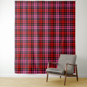 Tapete De Parede Desenho Xadrez Tartan Preto Vermelho Rosa