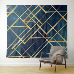Tapete De Parede Design Azul Geométrico Dourado Moderno