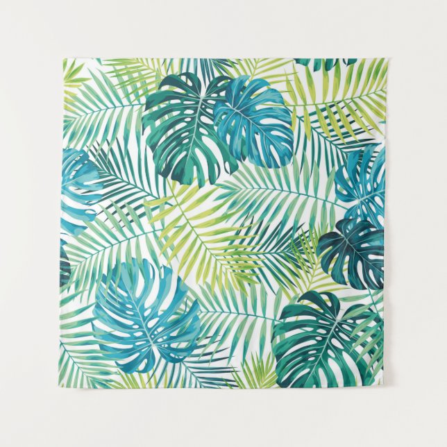 Tapete De Parede Design de folha tropical com palma verde/azul e (Frente)