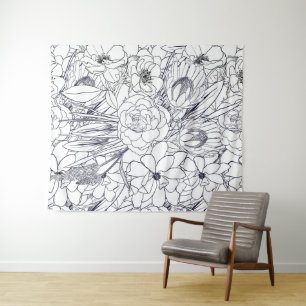 Tapete De Parede Design de Rapariga Floral Desenhada em Linha Moder