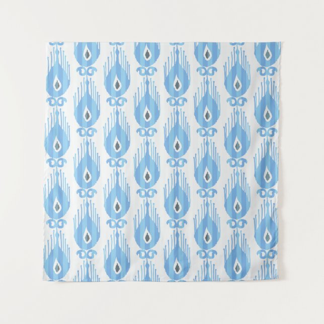 Tapete De Parede Design do padrão Ikat branco azul (Frente)