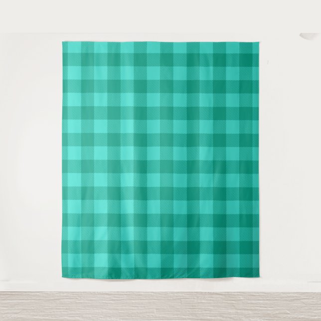 Tapete De Parede Design Xadrez Gingham em Verde-Azul e Turquesa (Frente)