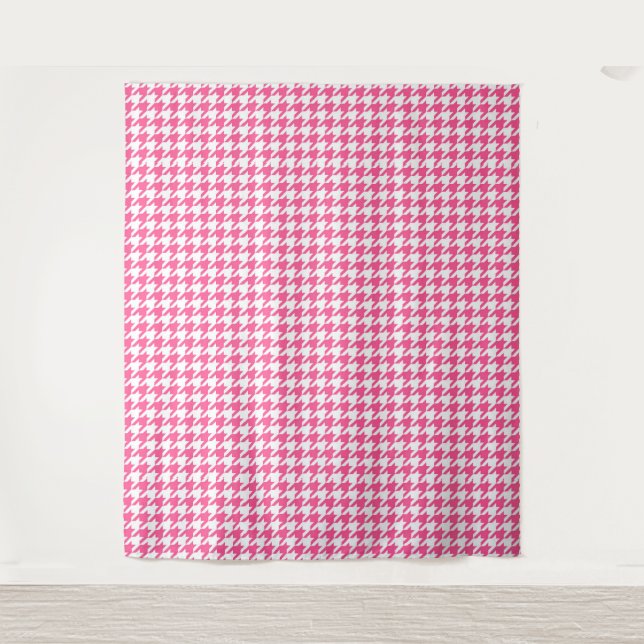 Tapete De Parede Design Xadrez Houndstooth Rosa Branco  (Frente)
