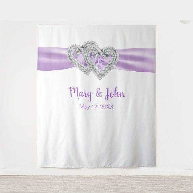 Tapete De Parede Diamond Hearts Purple Ribbon Backdrop Casamento (Frente)