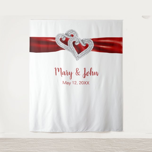 Tapete De Parede Diamond Hearts Red Ribbon Fundo de Casamento (Frente)