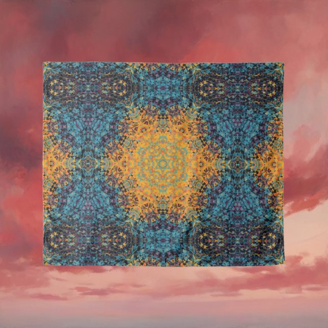 Tapete De Parede Digital Mandala Amarelo Azul e Vermelho (Yellow Blue and Red Digital Mandala Tapestry by Wormhole Orbital)