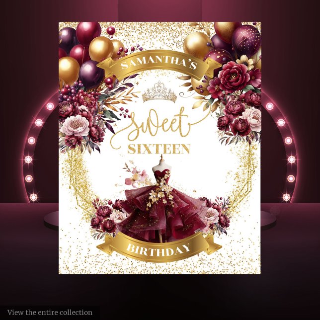 Tapete De Parede Doce 16 Banner Burgundy Glitter Dourado (Sweet 16 Banner Burgundy Dress Glitter Gold Tapestry)