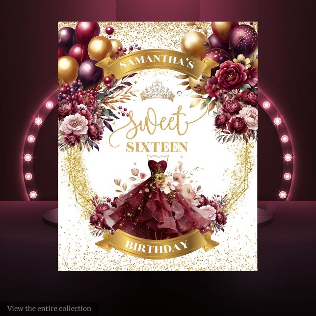 Tapete De Parede Doce Dezesseis Balões de Borgonha Aquarela (Sweet Sixteen Banner Burgundy Balloons Watercolor Style)