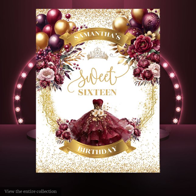 Tapete De Parede Doce Dezesseis Balões Dourados Burgundy (Sweet Sixteen Backdrop Burgundy Gold Balloons)