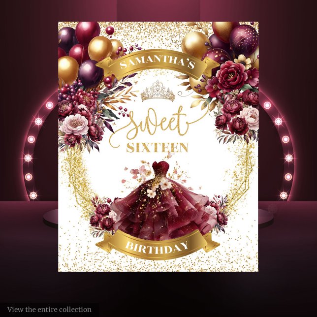 Tapete De Parede Doce Dezesseis Balões Dourados de Borgonha de Fund (Sweet Sixteen Backdrop Burgundy Balloons Gold Sparkle)