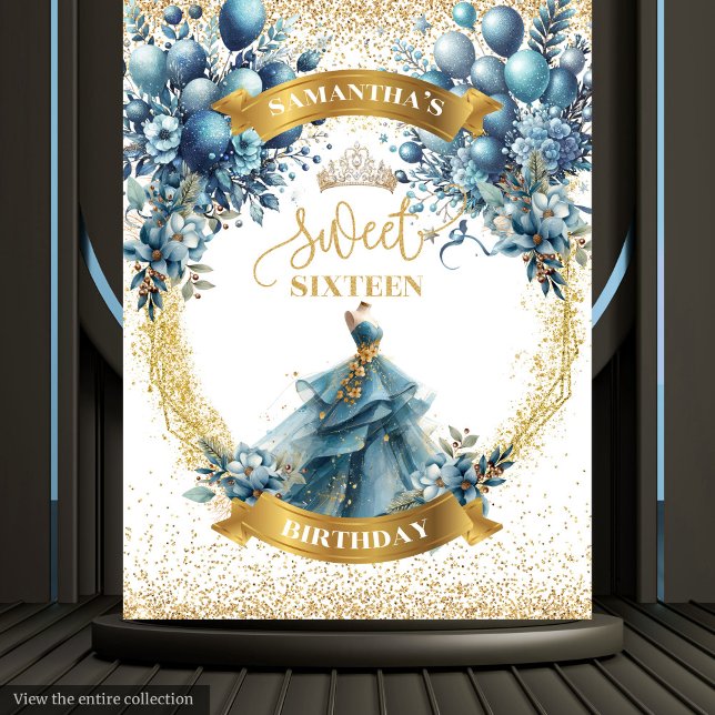 Tapete De Parede Doce Dezesseis Banner Azul de Sparkle Dourado de A (Sweet Sixteen Blue Gold Watercolor Sparkle Banner)