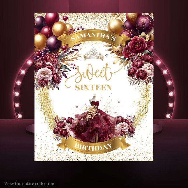 Tapete De Parede Doce Dezesseis Flores de Banner Douradas Luminosas (Sweet Sixteen Banner Burgundy Flowers Gold Glitter)