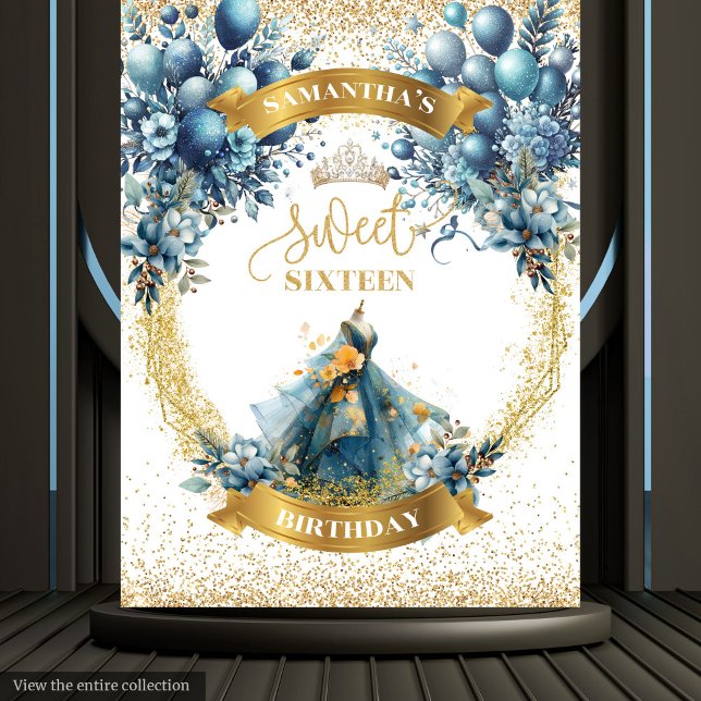 Tapete De Parede Doce Dezesseis Fundo Azul Dourado De Vestido De Ág (Sweet Sixteen Blue Gold Watercolor Dress Backdrop)