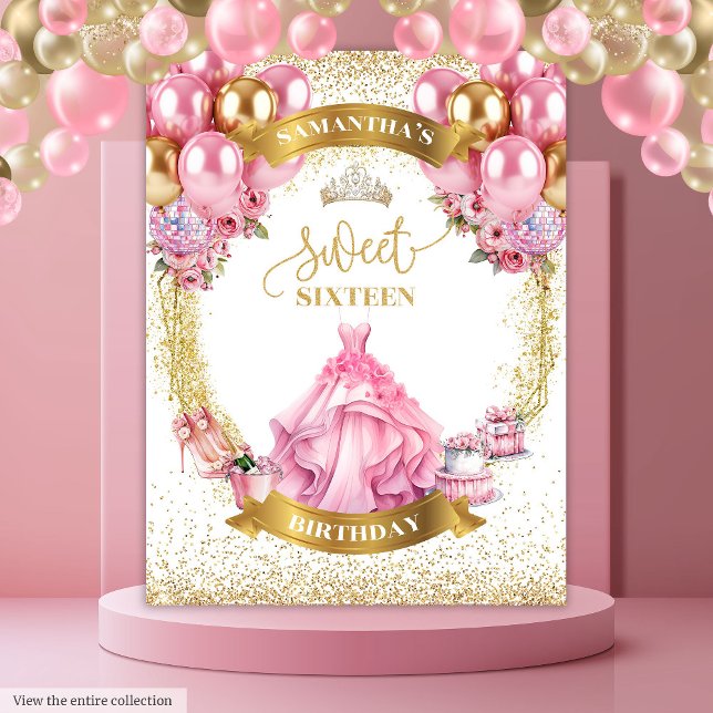 Tapete De Parede Doce Elegante Dezesseis Tapeçarias Rosa Glitter (Elegant Sweet Sixteen Tapestry Pink Dress Glitter Gold)