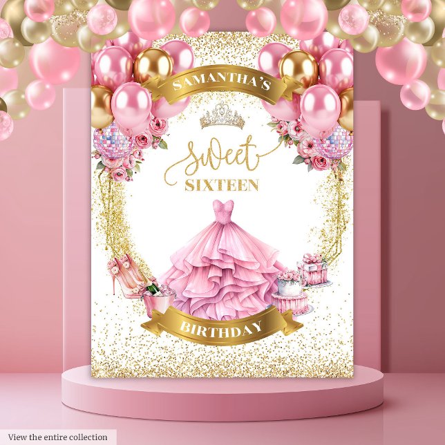 Tapete De Parede Doce Glamoroso, Dezesseis Backdrop Rosa Dourado (Glamorous Sweet Sixteen Backdrop Pink Dress Gold)