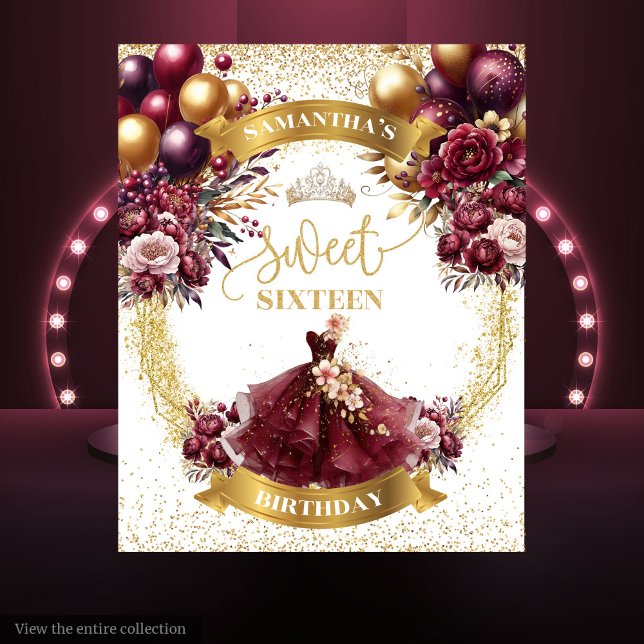 Tapete De Parede Doce Glitter De Vestido Da Turma De 16 Festas (Sweet 16 Party Backdrop Burgundy Dress Glitter)