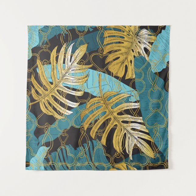 Tapete De Parede Dourada cortina, folhas tropicais. (Frente)