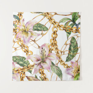 Tapete De Parede Douradas Cadeias e Lírios Reais: Elegância Aquarel