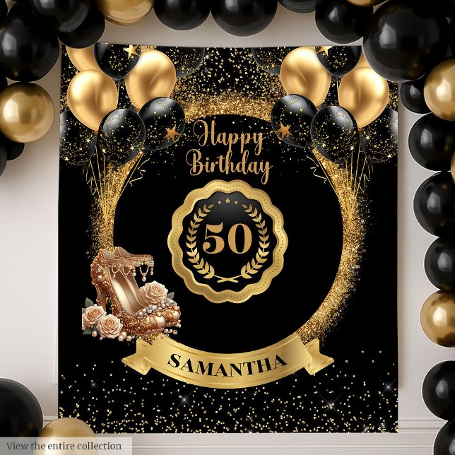 Tapete De Parede Dourado calcanhar Balões Negros 50º Sinal de Anive (Gold Heels Black Balloons 50th Birthday Sign Tapestry )