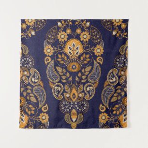 Tapete De Parede Dourado e azul, padrão floral sem costura.