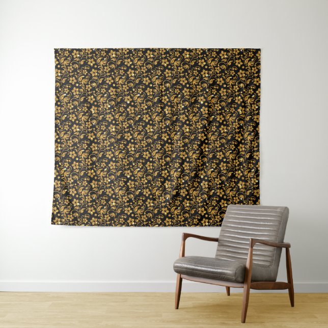 Tapete De Parede Dourado Floral brilhante preto (In Situ (Horizontal))