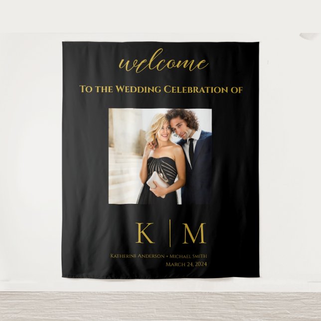 Tapete De Parede Dourado-Monograma-Foto-Casamento- Preto e  (Frente)