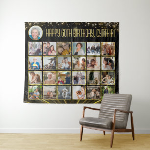 Tapete De Parede Dourado Multi-Fotografias com Banner de Aniversári