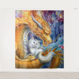 Tapete De Parede Dragão Fiery e Gato Branco em Floresta Mística