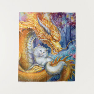 Tapete De Parede Dragão Fiery e Gato Branco em Floresta Mística