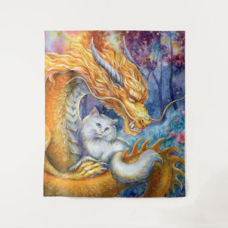 Tapete De Parede Dragão Fiery e Gato Branco em Floresta Mística