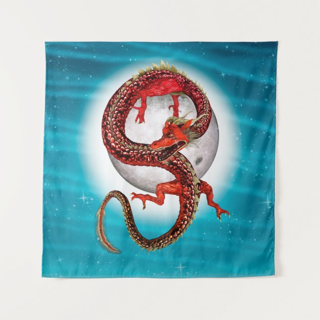 Tapete De Parede Dragão Lua Vermelha Arte de Fantasia Celestial (Frente)
