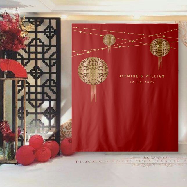 Tapete De Parede Dupla Felicidade Lanternas Foto de Casamento (Double Happiness Golden Lanterns Chinese Wedding Photo Backdrop Tapestry @ fatfatin_red_knot)