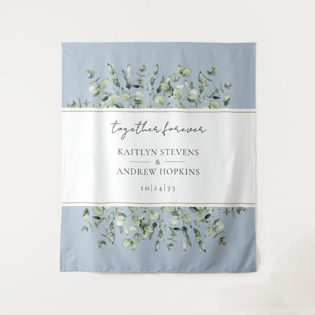 Tapete De Parede Dusty Blue Eucalyptus Casamento Juntos Para Sempre (Frente)